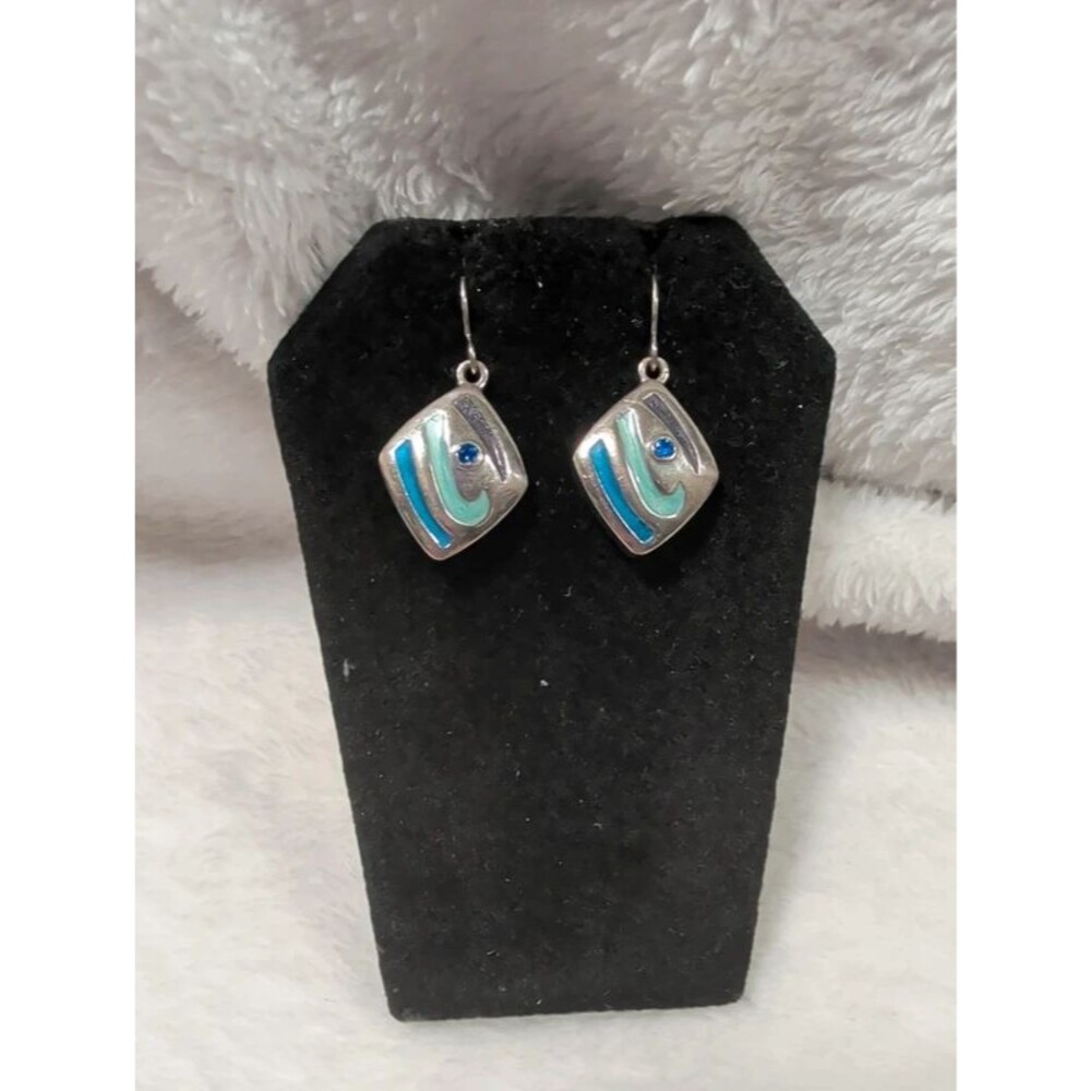 Abstract Blue Enamel Swirl Rhinestone Silver Tone Geometric Drop Earrings